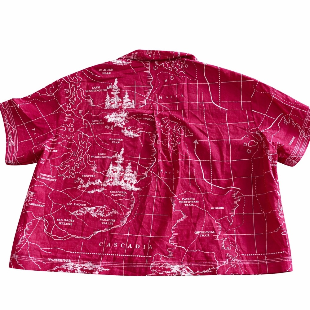 BDG Urban Outfitters Map Print Cropped Button Up Shirt Coral Pacific Northwest S - Picture 5 of 8